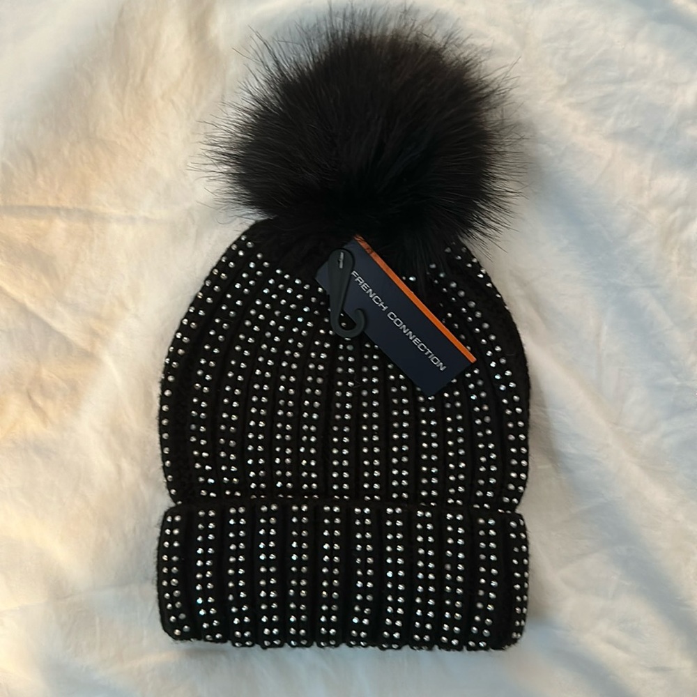 Silver Studded Black Pom Beanie